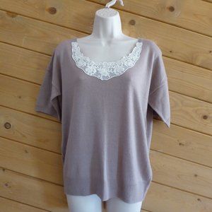 IORI Taupe Lace Collar Soft Knit Sweater Short Sleeve Babydoll Top Japan